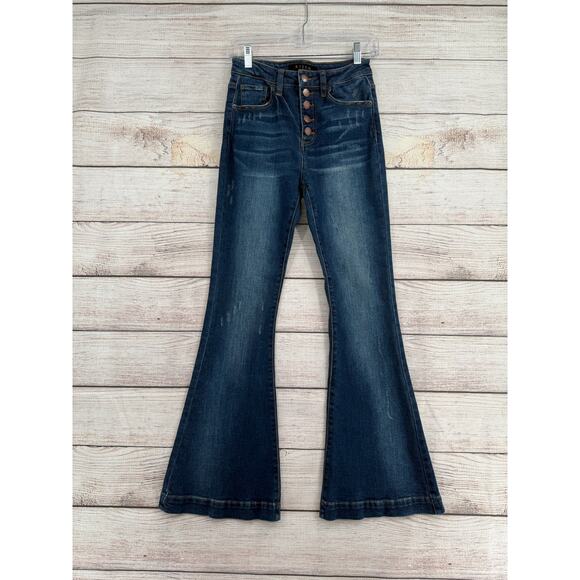 Risen Los Angeles Button Fly Distressed Flare jeans Womens 26 Blue Medium Wash - Picture 1 of 13